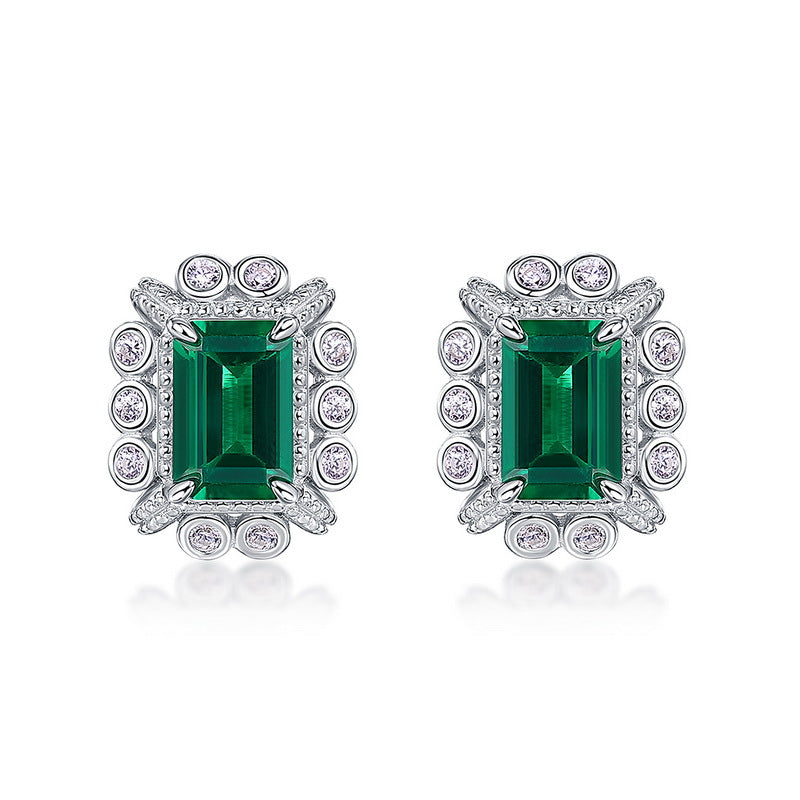 Geometric Lab-Grown Emerald Stud Earrings - S925 Sterling Silver Halo Design