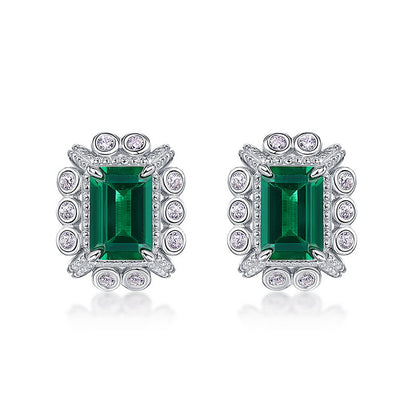 Geometric Lab-Grown Emerald Stud Earrings - S925 Sterling Silver Halo Design