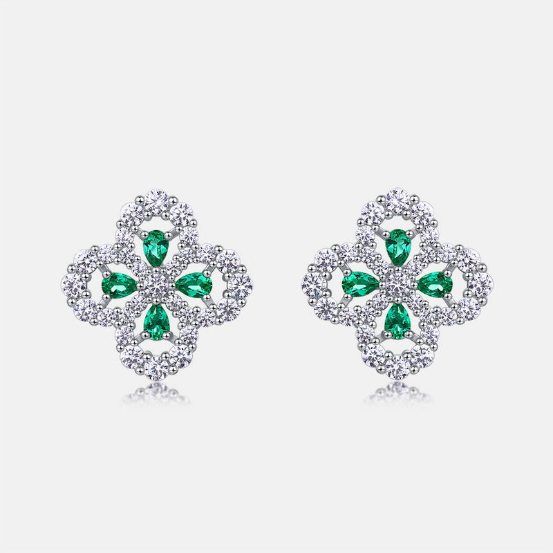 Lab-grown Emerald Clover Ring with S925 Sterling Silver and Lab-grown Ruby Jewelry Set