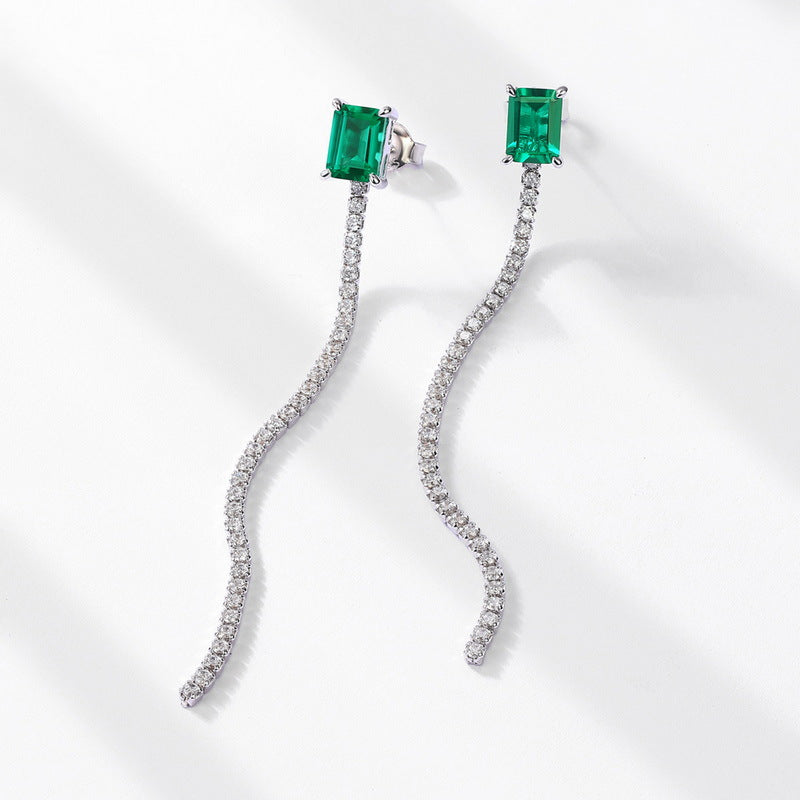 Minimalist Emerald-Cut Lab-Grown Emerald Tassel Earrings - 925 Sterling Silver