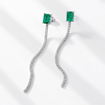 Minimalist Emerald-Cut Lab-Grown Emerald Tassel Earrings - 925 Sterling Silver