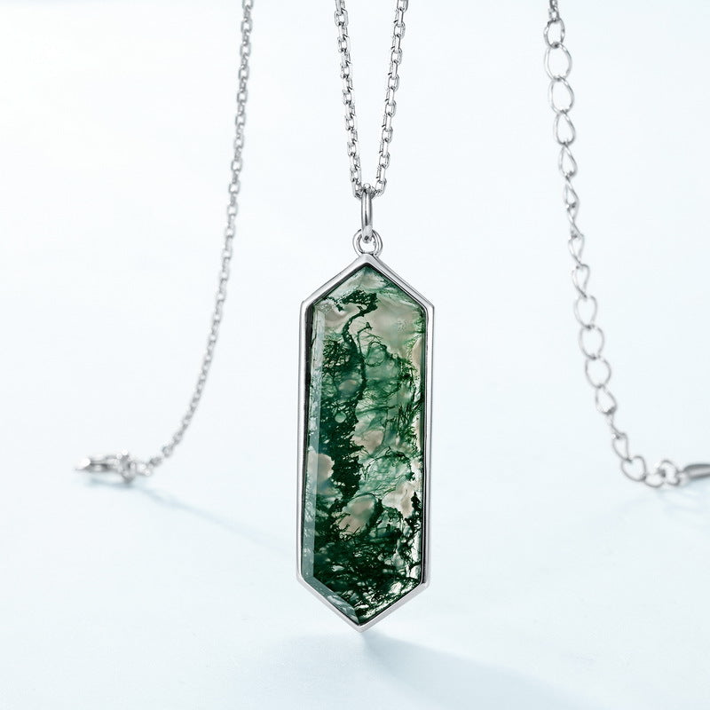 Statement Geometric Moss Agate Pendant Necklace | S925 Silver