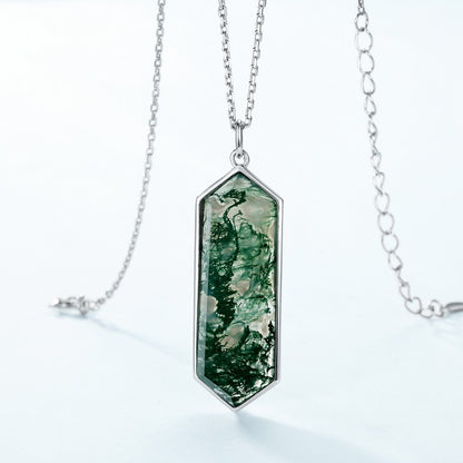 Statement Geometric Moss Agate Pendant Necklace | S925 Silver