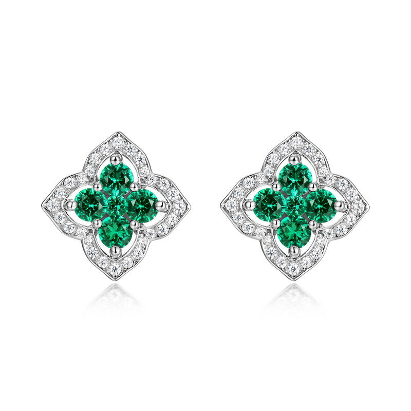 Vintage Palace: Hollow Clover Lab-Grown Emerald Earrings | 14K Gold Plated 925 Silver | Dapaza