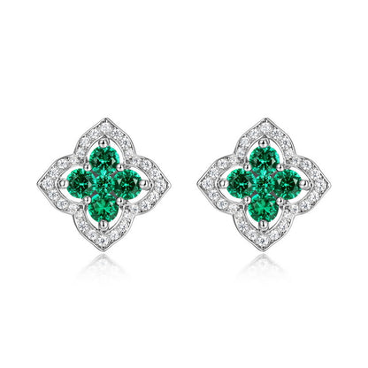 Vintage Palace: Hollow Clover Lab-Grown Emerald Earrings | 14K Gold Plated 925 Silver | Dapaza