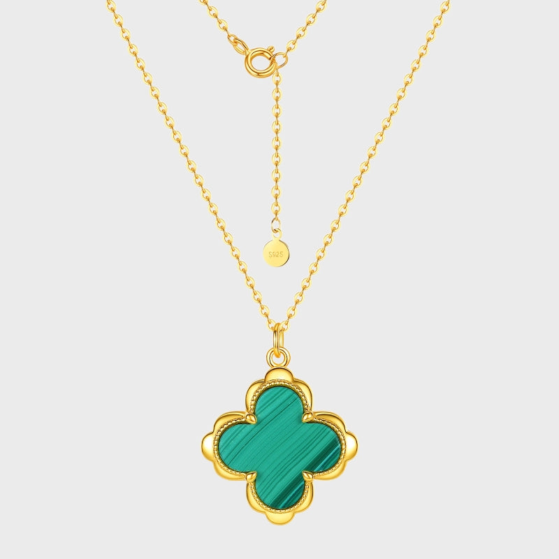 Lucky Clover Natural Malachite & S925 Silver Pendant Necklace | Dapaza