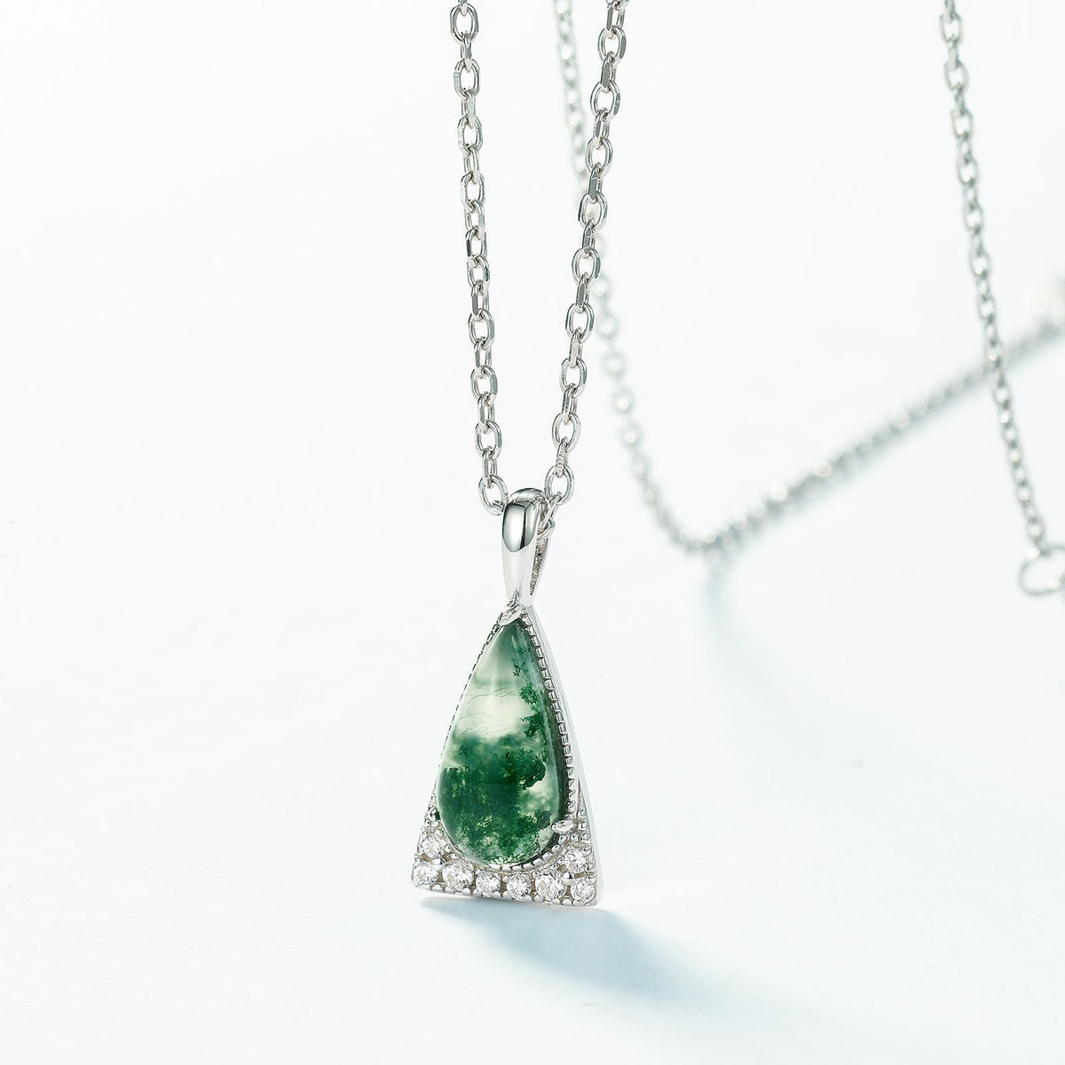 Natural Teardrop Moss Agate Necklace | Geometric Triangle Halo | S925