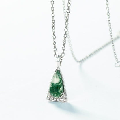 Natural Teardrop Moss Agate Necklace | Geometric Triangle Halo | S925