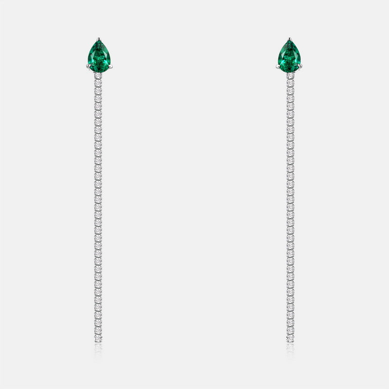 Cascading Dew: Teardrop Lab-Grown Emerald Tassel Drop Earrings | 925 Silver | Dapaza