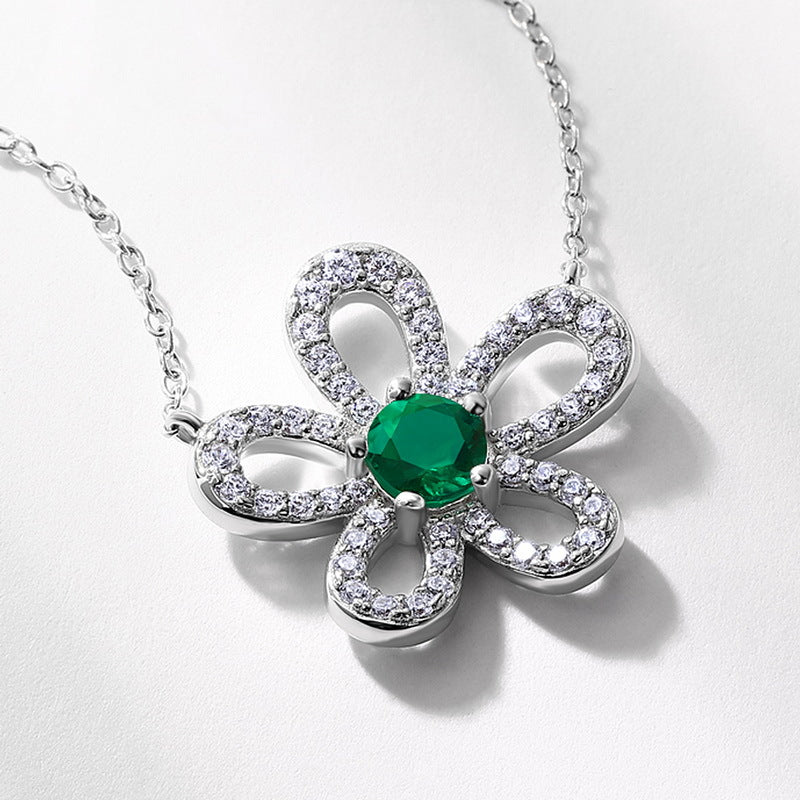 Artisanal Petal: Lab-Grown Emerald Flower Pendant Necklace | 925 Silver | Dapaza