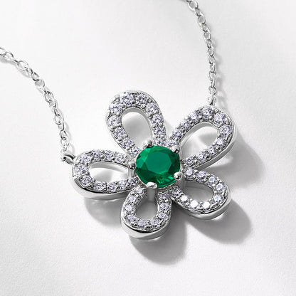 Artisanal Petal: Lab-Grown Emerald Flower Pendant Necklace | 925 Silver | Dapaza