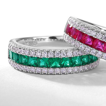 Invisible-Set Lab-Grown Emerald Ruby Sapphire Ring - S925 Sterling Silver