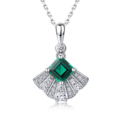Dapaza Fan-Shaped Lab-Grown Emerald Pendant Necklace | S925 Sterling Silver