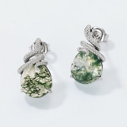 Coiled Snake Moss Agate Earrings | S925 Sterling Silver