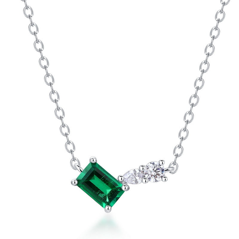 Asymmetric Lab-Grown Emerald Clavicle Necklace - S925 Sterling Silver