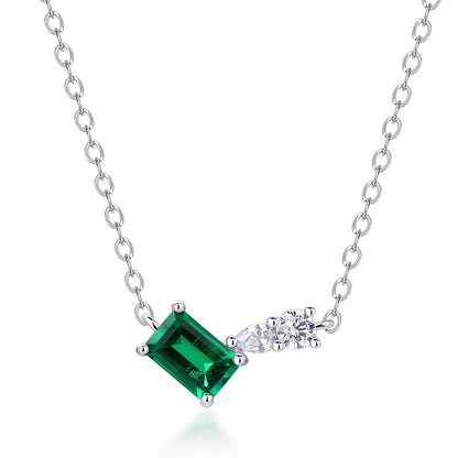 Asymmetric Lab-Grown Emerald Clavicle Necklace - S925 Sterling Silver