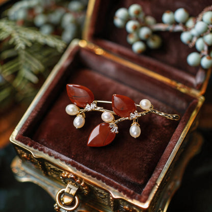 Multi-Color Natural Stone Branch & Leaf Brooch