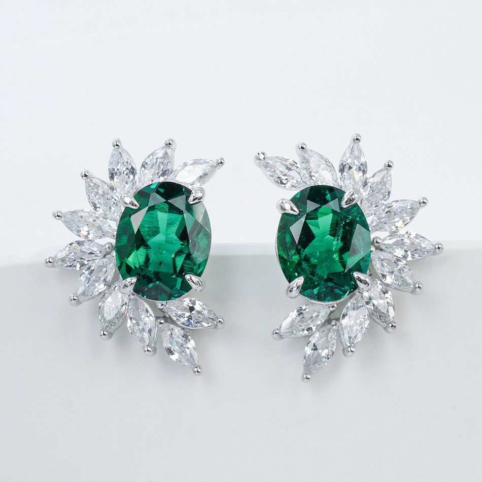 Blossom Cluster: Halo-Set Lab-Grown Emerald Flower Stud Earrings | 925 Silver | Dapaza