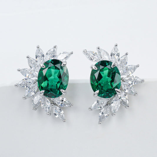 Blossom Cluster: Halo-Set Lab-Grown Emerald Flower Stud Earrings | 925 Silver | Dapaza