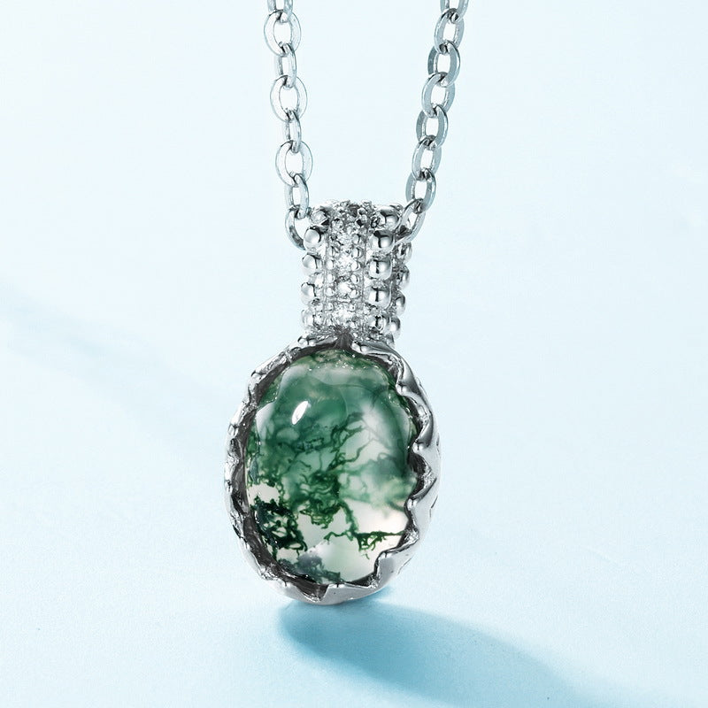 Oval Moss Agate Pendant Necklace | S925 Sterling Silver