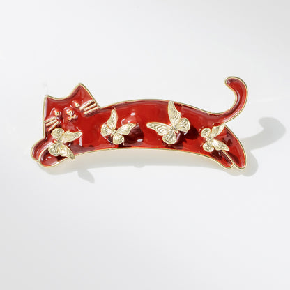 Enamel Red Cat Brooch with Butterfly | Cute Animal Lapel Pin Jewelry