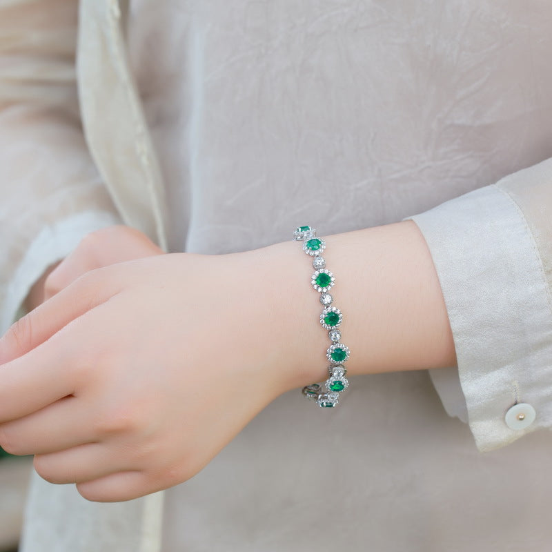 Lab-Grown Emerald Halo Tennis Bracelet - S925 Sterling Silver