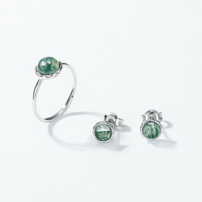 Minimalist Moss Agate Stud Earrings | 9K Gold-Plated S925 Silver