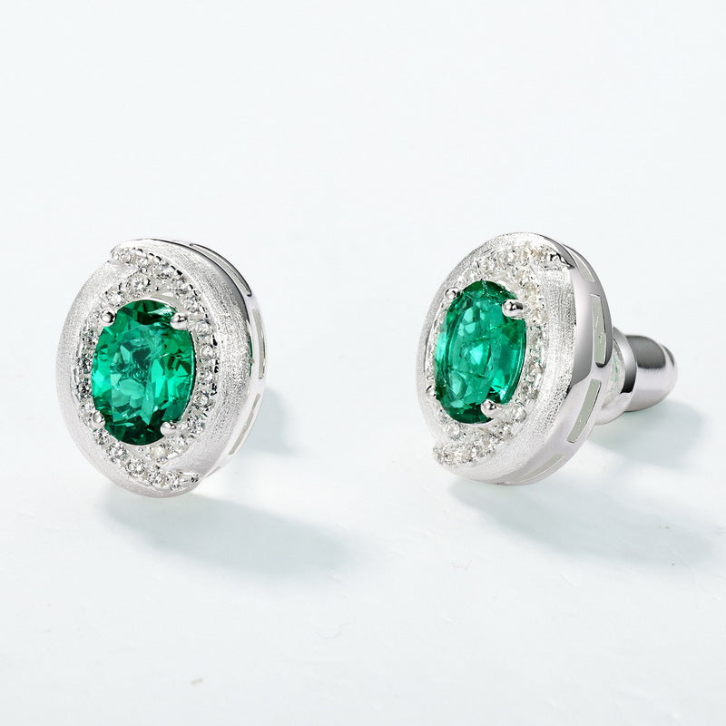 Retro Oval: Minimalist Lab-Grown Emerald Oval Stud Earrings | 925 Silver | Dapaza
