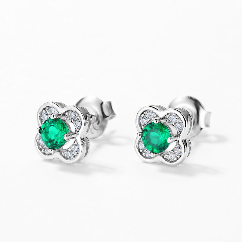 Dainty Clover 0.45CT Lab-Grown Emerald Stud Earrings - 925 Sterling Silver