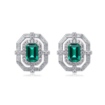 Brushed Retro: Octagonal Lab-Grown Emerald Stud Earrings | 925 Silver | Dapaza