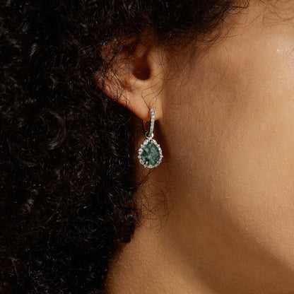 Pear-Cut Natural Moss Agate Halo Drop Earrings - S925 Sterling Silver