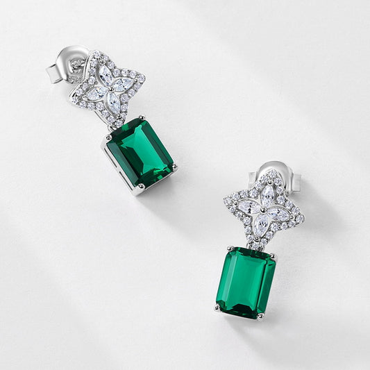 Petal Luxe: Emerald-Cut Lab-Grown Emerald Floral Stud Earrings | 925 Silver | Dapaza