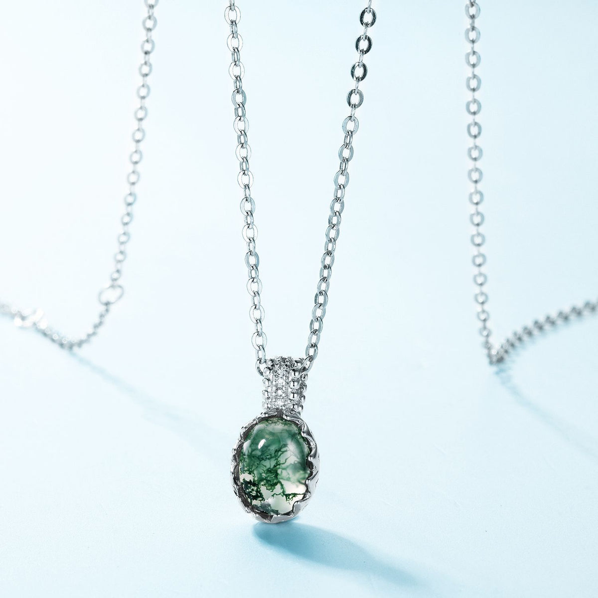 Natural Oval Moss Agate Cabochon Necklace - S925 Sterling Silver