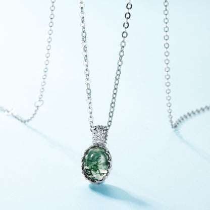 Natural Oval Moss Agate Cabochon Necklace - S925 Sterling Silver