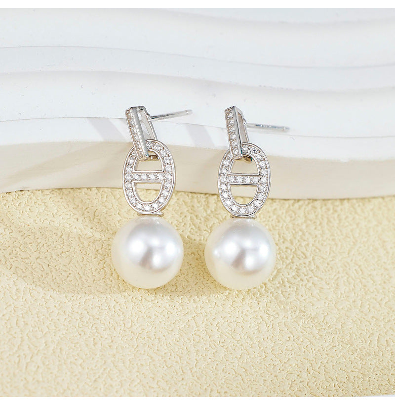 925 Sterling Silver Australian White High-luster Shell Pearl Pig Nose Stud Earrings - Unique and Trendy Design for Women