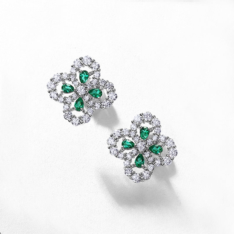 Lab-grown Emerald Clover Ring with S925 Sterling Silver and Lab-grown Ruby Jewelry Set