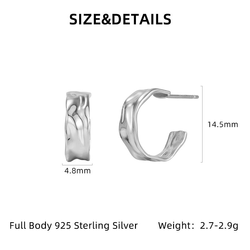 New 925 Sterling Silver Irregular Geometric Earrings - Women's Fashion Polished Foil Crinkle Studs
