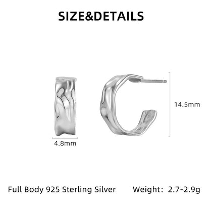 New 925 Sterling Silver Irregular Geometric Earrings - Women's Fashion Polished Foil Crinkle Studs