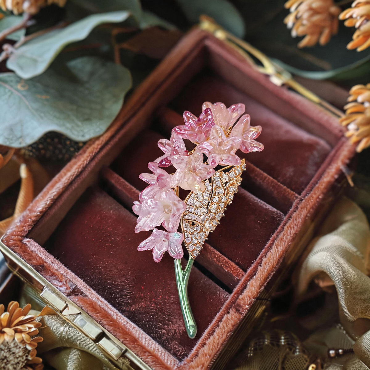 Copper Zircon Pink Flower Brooch