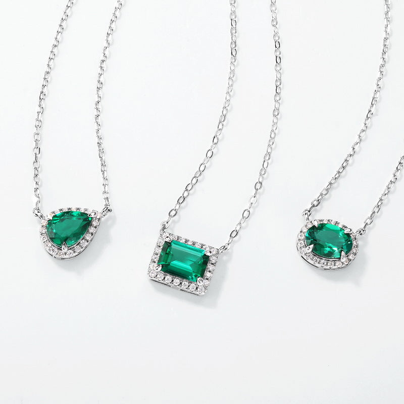 Geometric Teardrop Lab-Grown Emerald Pendant Necklace | 925 Silver | Dapaza