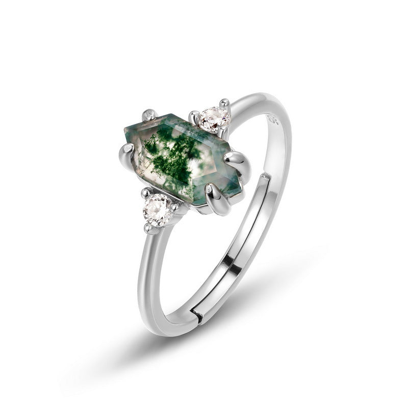 Vintage Hexagon Moss Agate 3-Stone Cluster Ring | S925 Silver