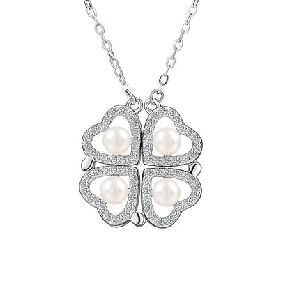 925 Sterling Silver Micro-inlaid Zircon Two Wearing Four-leaf Love Pearl Necklace Women's Niche Design Collarbone Chain