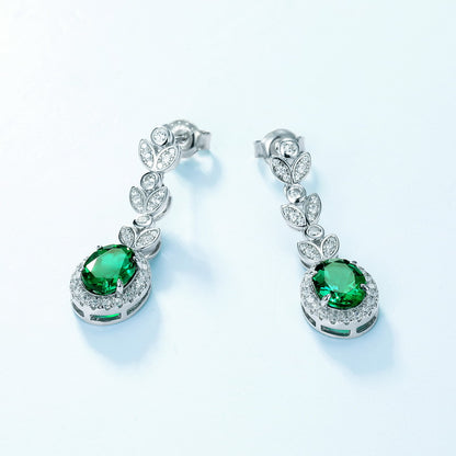 Lab-Grown Emerald Leaf Drop Earrings - S925 Sterling Silver Halo Dangles