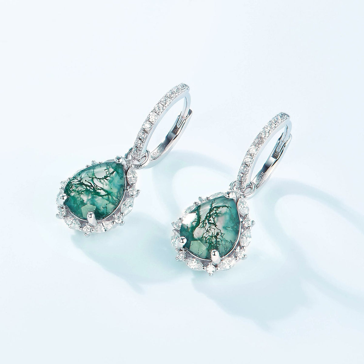 Pear-Cut Natural Moss Agate Halo Drop Earrings - S925 Sterling Silver