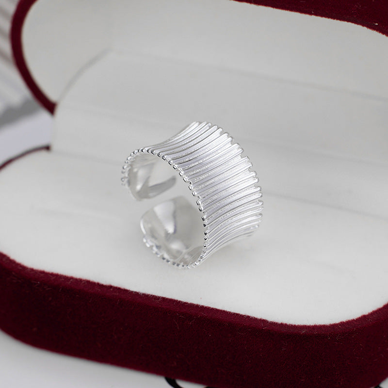Niche Design 925 Sterling Silver Pleated Wide-sided Geometric Striped Opening Adjustable Ring