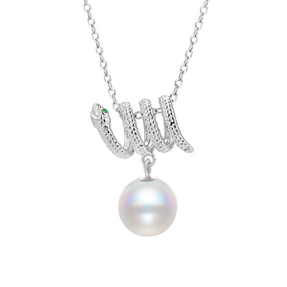 Snake Design Necklace 925 Sterling Silver Niche Design Trend Green Eye Zodiac Australian White Pearl Collarbone Chain