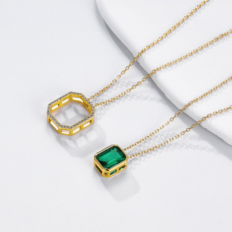 Geometric Lab-Grown Emerald Double Pendant Necklace - 10K Gold Plated S925 Silver