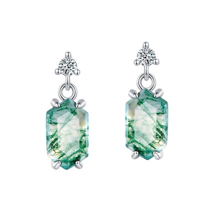 Geometric Hexagon Natural Moss Agate Drop Earrings - S925 Sterling Silver