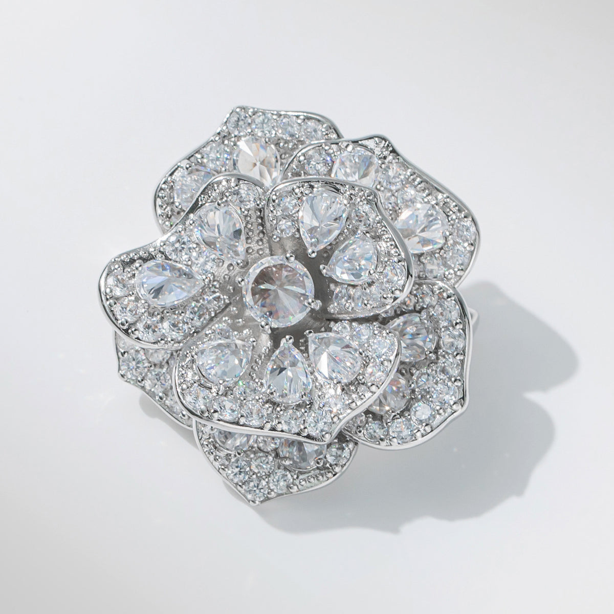 Gold and White Peony Brooch with Diamonds