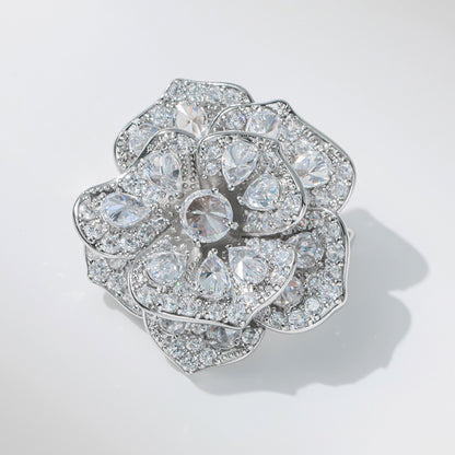 Gold and White Peony Brooch with Diamonds
